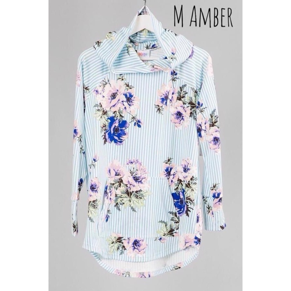 LuLaRoe Amber Lightweight Hoodie Blue White Striped Purple Floral M Medium